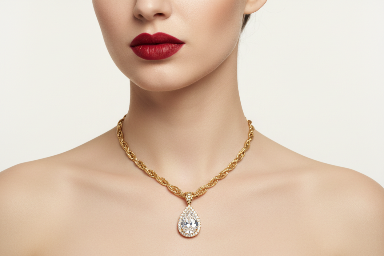 model met ketting in goud en een diamant erin, vrouw rode lioppenstift